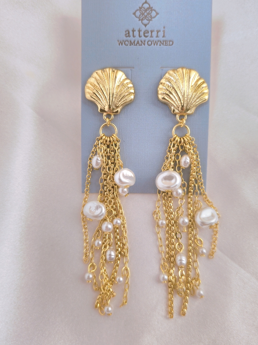 Atterri Gold Shell Drop Earrings with White Pearls